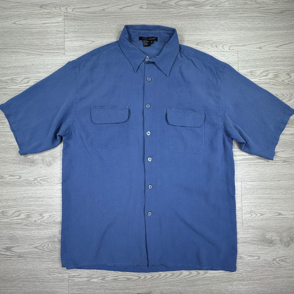 Tulliano Men's Button Down Shirt Silk Short Sleeve Blue XL Textured Camp Pocket